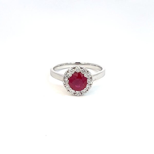 14K White Gold Ring with Round Ruby 1.14 Carat and 12 Lab Grown Round Diamonds 0.43 Carat