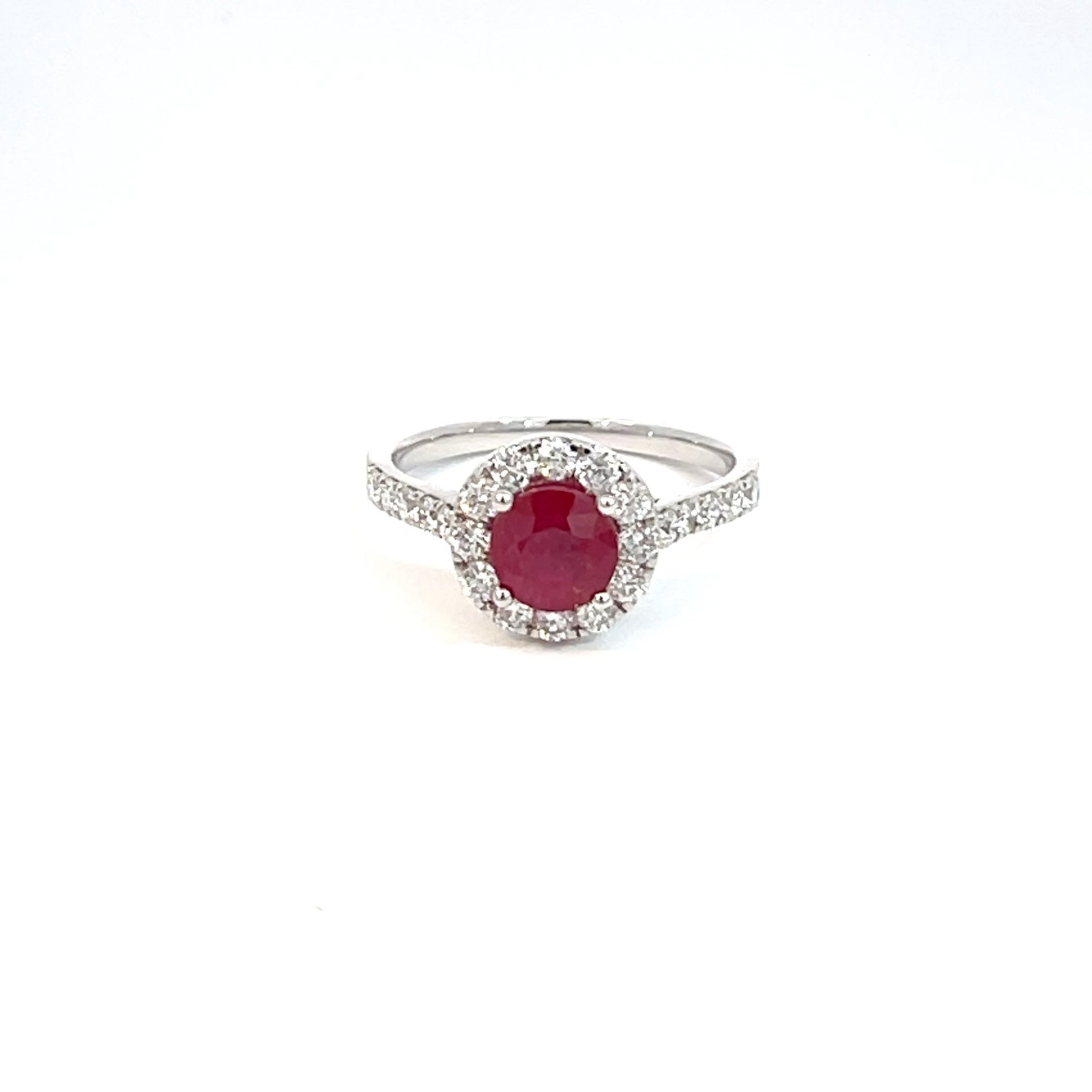 14K White Gold Ring with Round Ruby 1.48 Carat and 22 Round Lab Grown Diamonds TDW 0.71 Carat