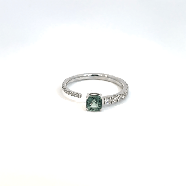 9K White Gold Ring with Australian Sapphire 0.61 Carat and 31 Round Lab Grown Diamonds TDW 0.50 Carat