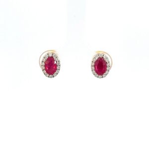 14K Yellow Gold Stud Earrings with 2 Oval Rubies TCW 1.12 Carat and 28 Round Lab Grown Diamonds TDW 0.24 Carat