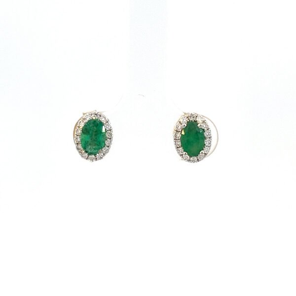 14K White Gold Earrings with 2 Oval Emeralds TCW 0.91 Carat and 28 Round Lab Grown Diamonds TDW 0.24 Carat