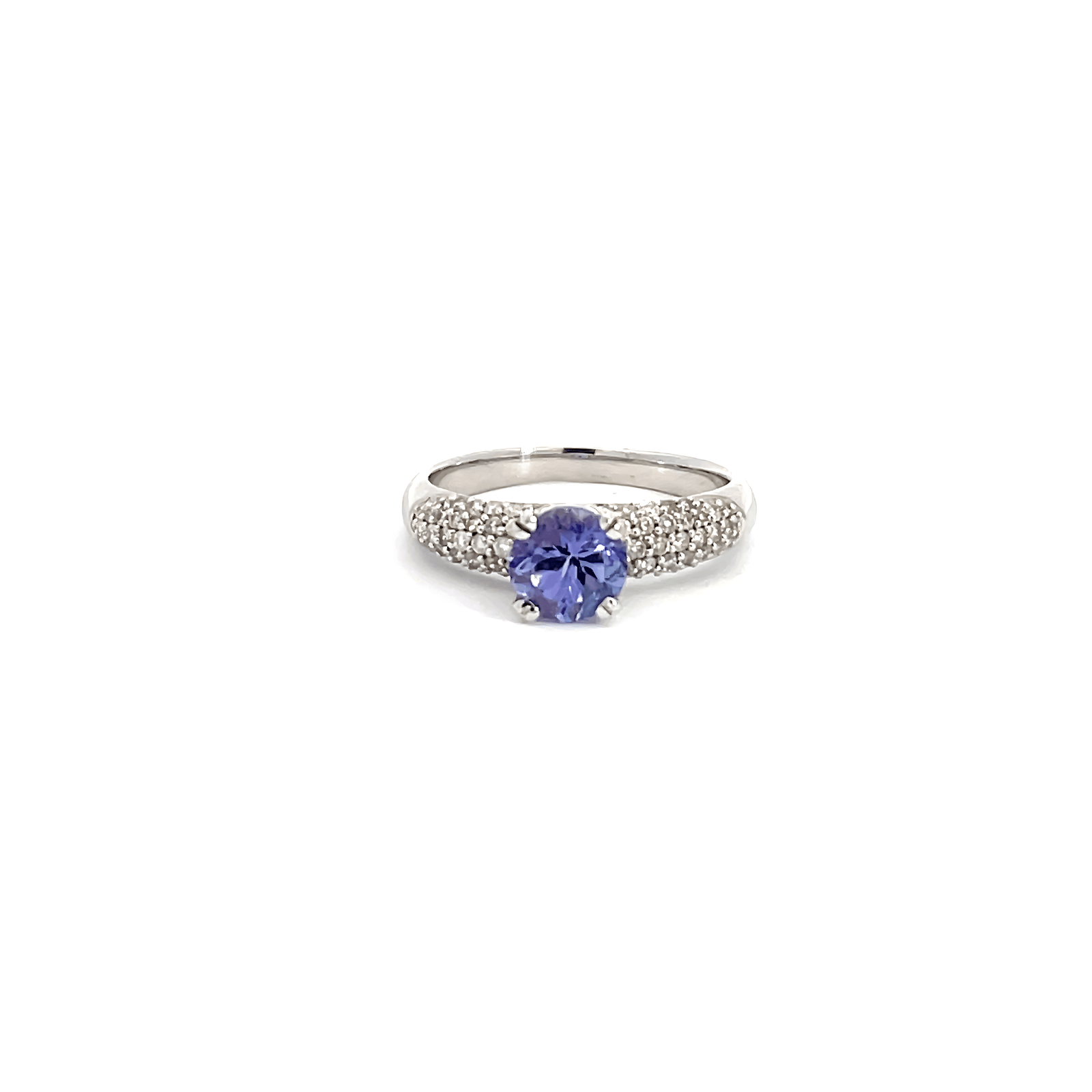 18K White Gold Ring with Round Tanzanite 0.80 Carat and 20 Round Diamonds TDW 0.11 Carat