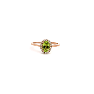 9K Rose Gold Ring with Oval Peridot 0.77 Carat and 14 Round Diamonds TDW 0.18 Carat