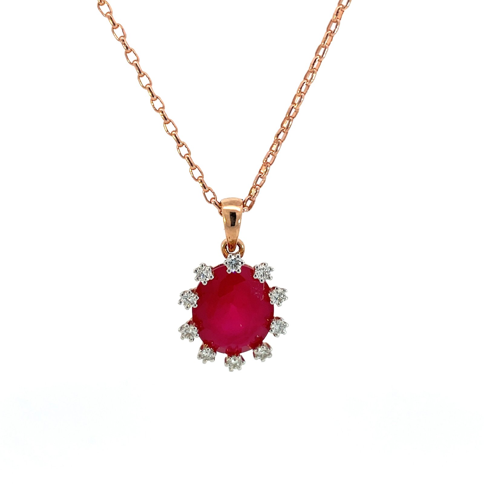 14K Rose Gold Pendant with a Ruby 5.40 Carat and 10 Round Lab Grown Diamonds TDW 0.28 Carat