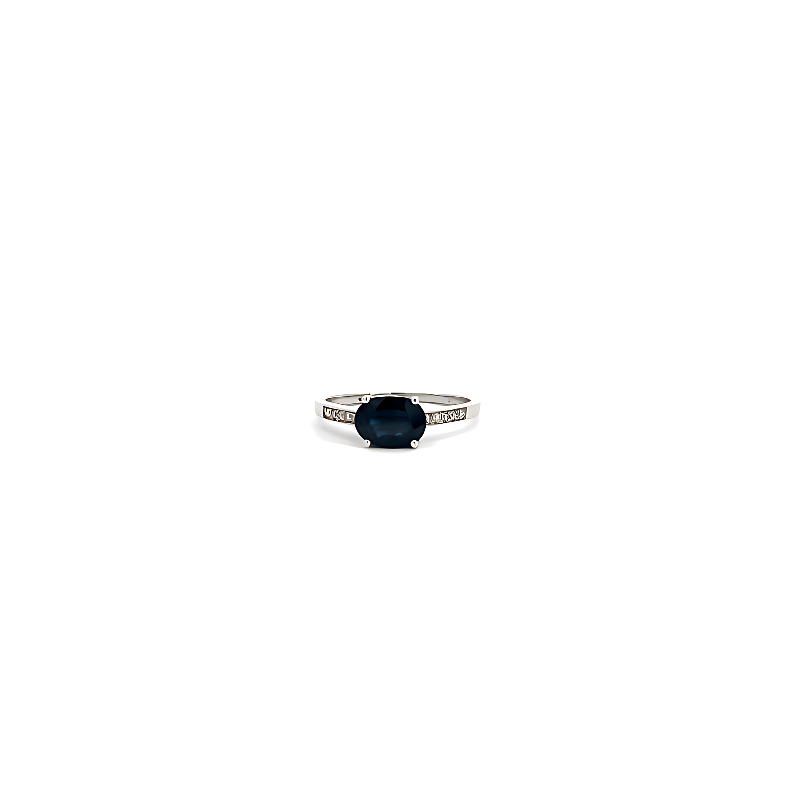 9K White Gold Ring with Oval Blue Sapphire 1.17 Carat and 10 Round Diamonds TDW 0.08 Carat