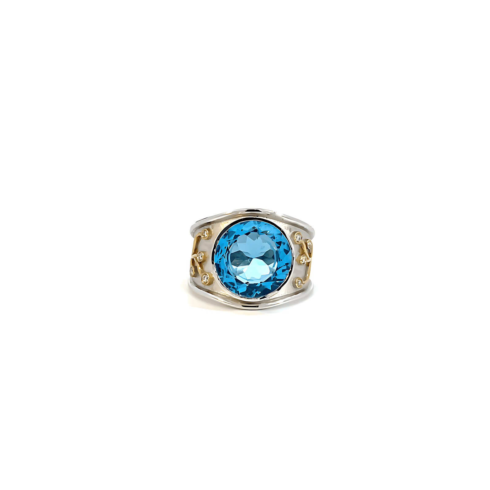 9K Two-Tone Ring with Round Blue Topaz 5.54 Carat and 8 Round Diamonds TDW 0.07 Carat