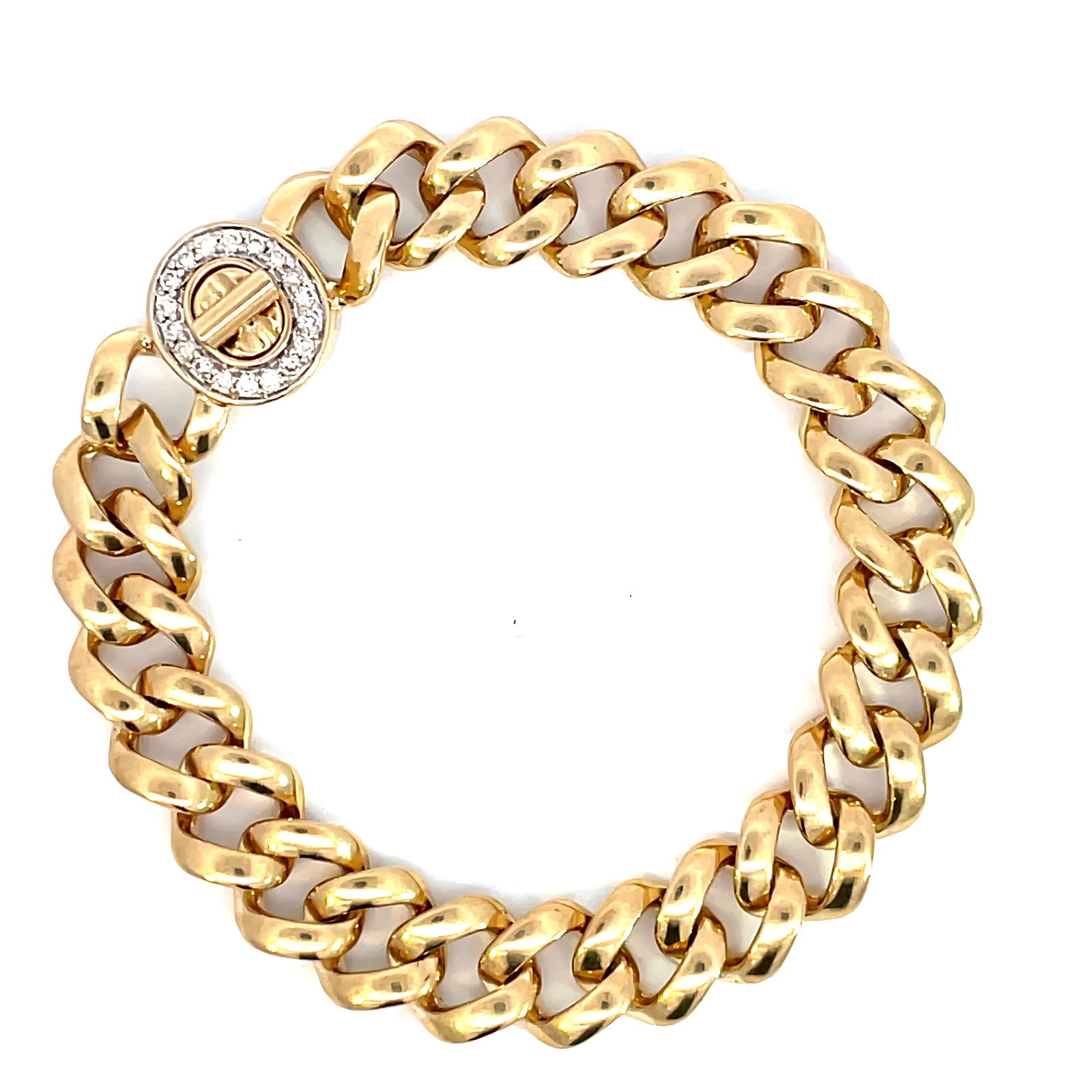 9KT Yellow Gold Thick Curb Bracelet With 18 Diamonds 0.27ct Click-On Clasp 20cm - Image 2