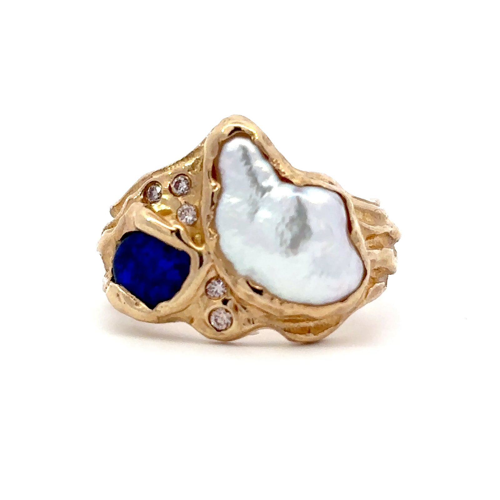 9K Yellow Gold Rosalind Ring with Broome Keshi Pearl, Australian Solid Opal and Pink Diamonds