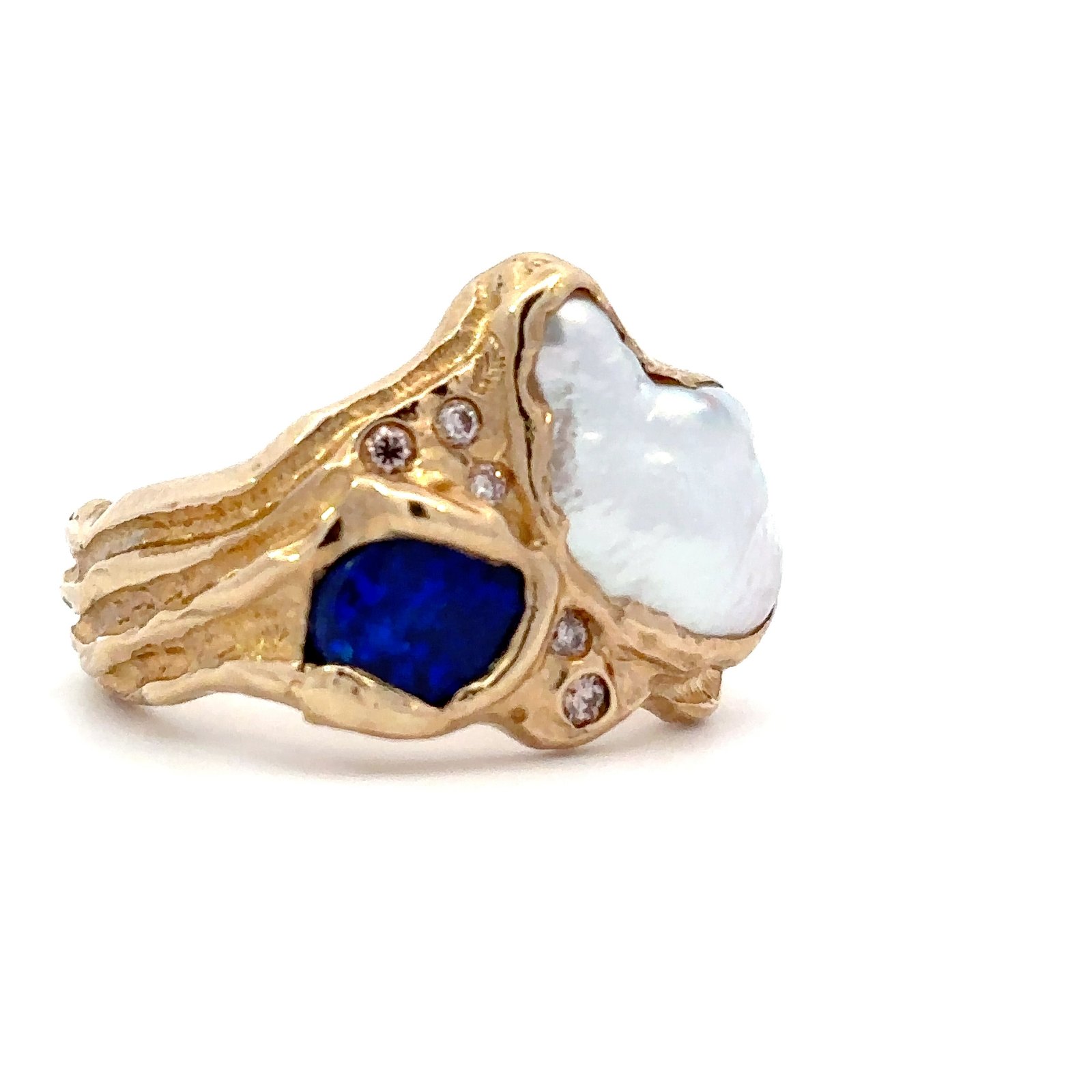 9K Yellow Gold Rosalind Ring with Broome Keshi Pearl, Australian Solid Opal and Pink Diamonds - Image 2