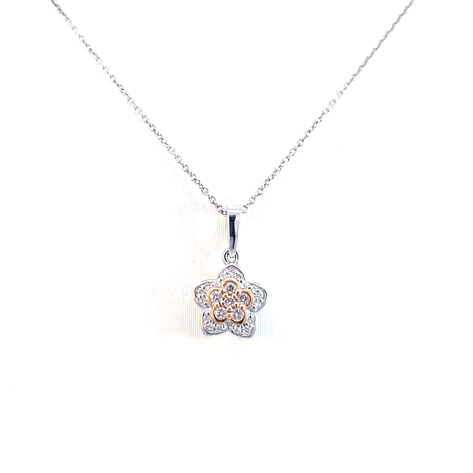 18K White and Rose Gold Pendant with 6 Round Pink Diamonds TDW 0.11 Carat and 15 Round White Diamonds TDW 0.05 Carat