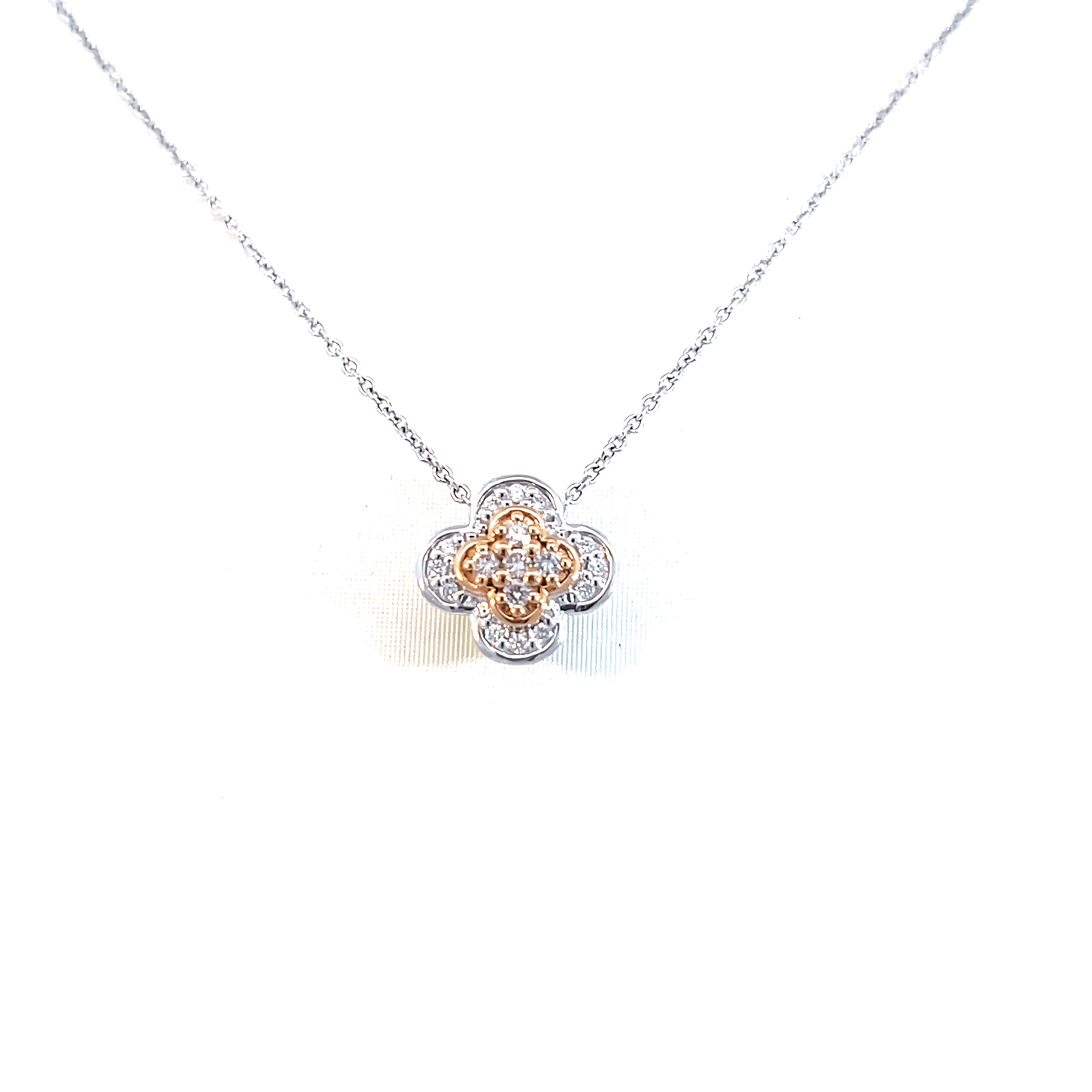 18K Rose and White Gold Pendant with Pink and White Diamonds TDW 0.16ct with 18K White Gold Chain 45cm