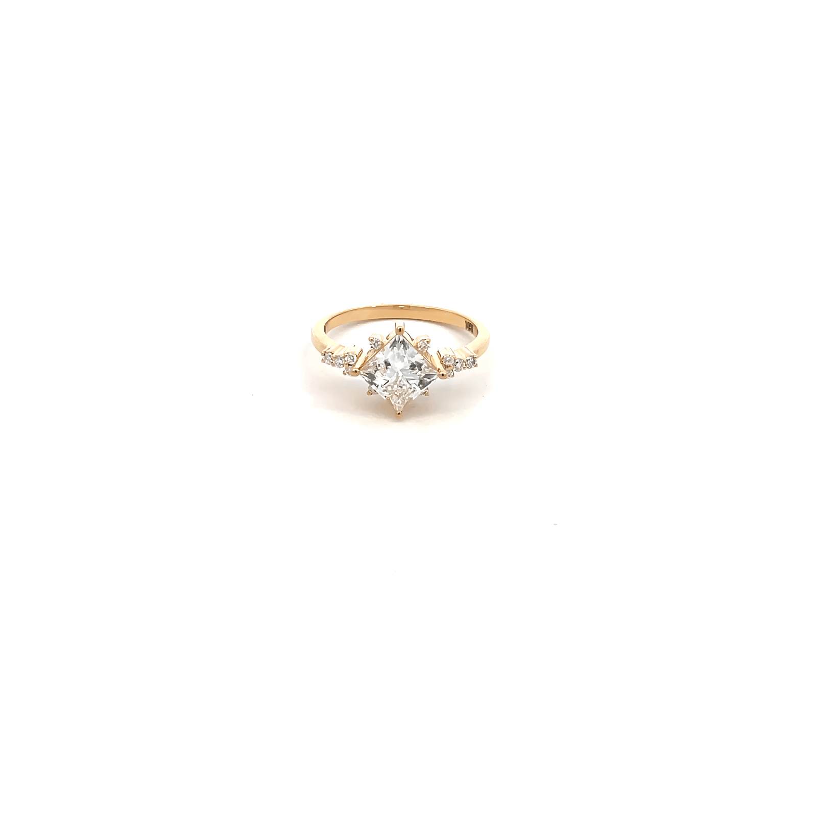 18K Yellow Gold Ring with Lab Grown Princess cut Diamond 1.50ct and 12 Round Diamonds TDW 0.12ct