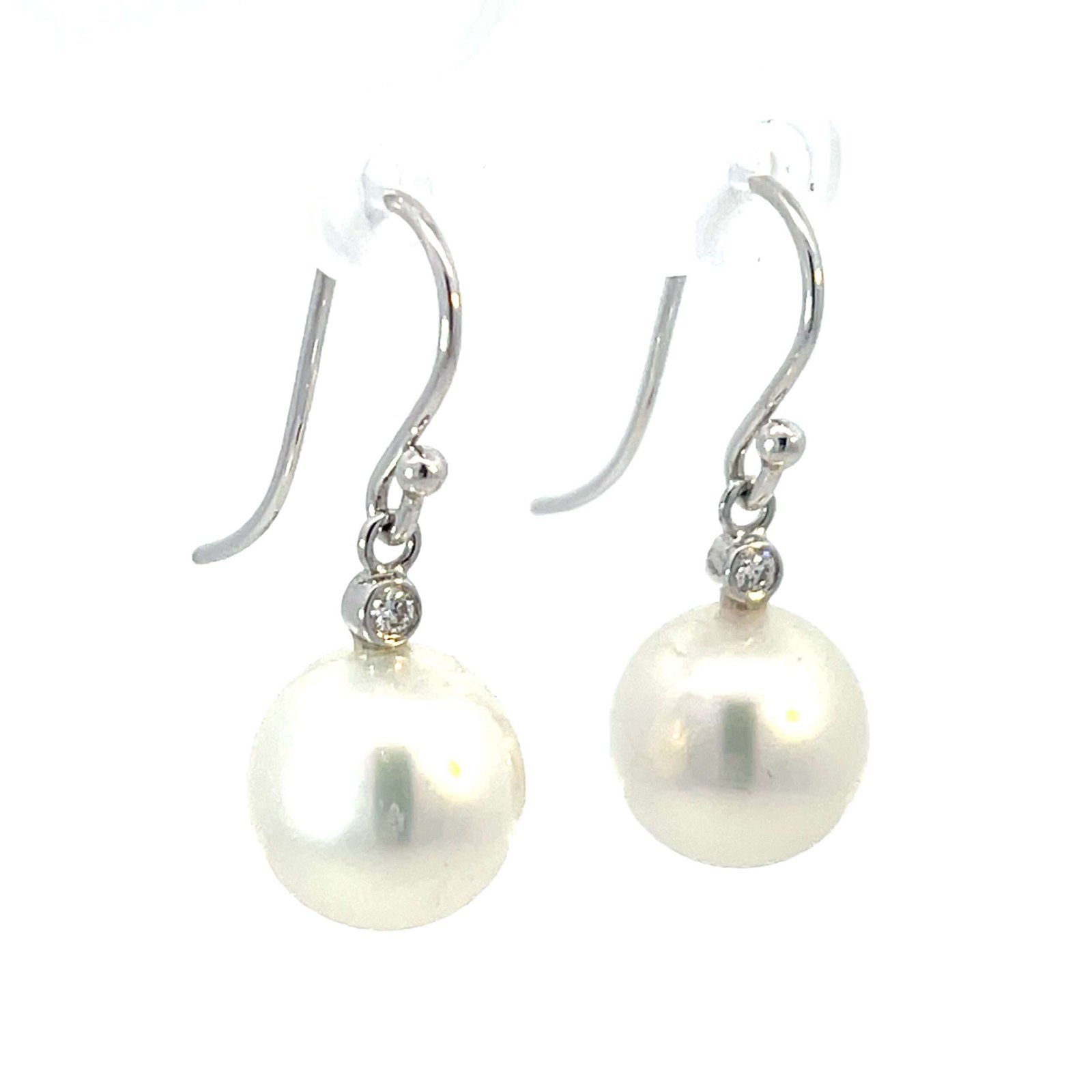 18K White Gold Hook Earrings with Cultured South Sea Pearls 10-11mm and 2 Round Diamonds TDW 0.06 Carat