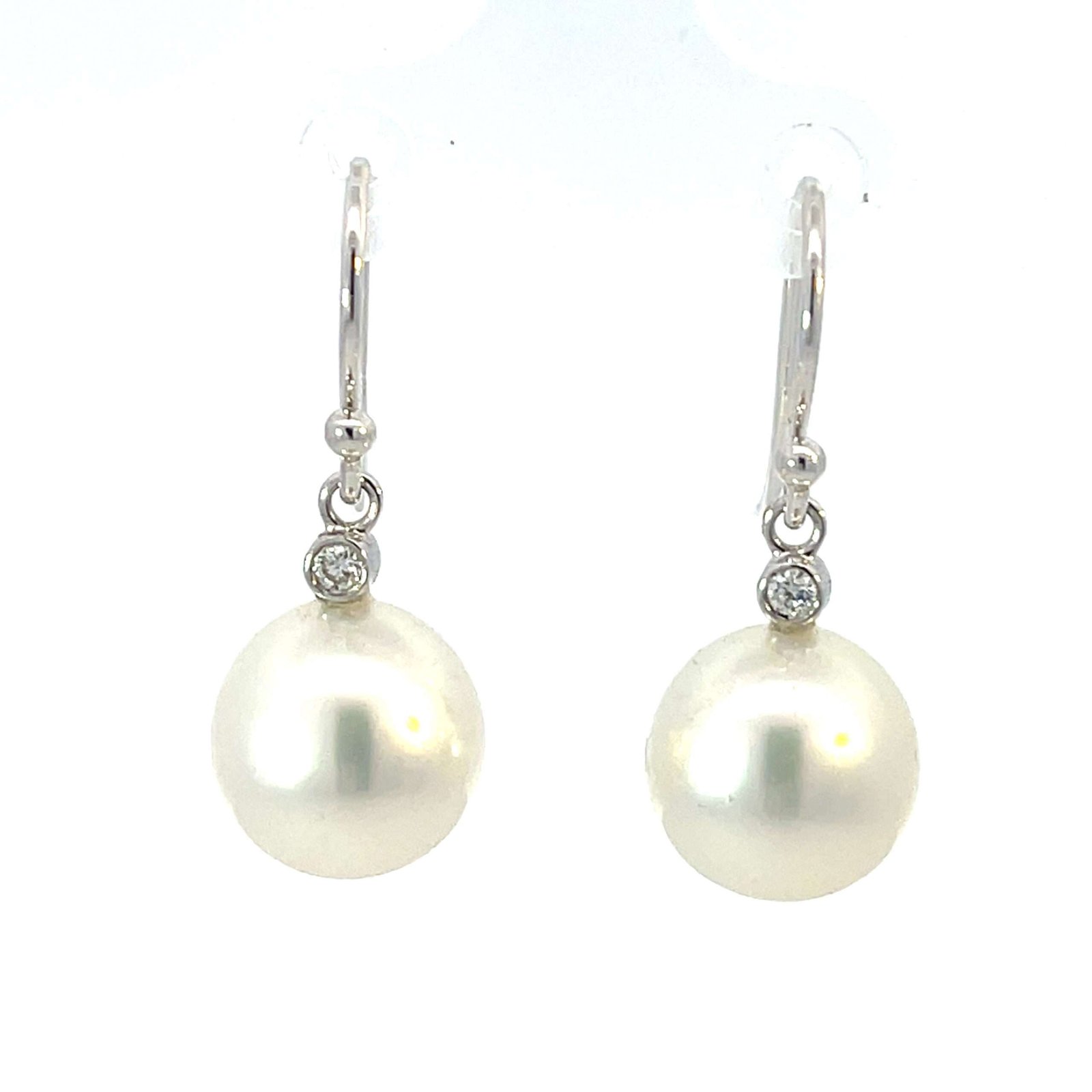 18K White Gold Hook Earrings with Cultured South Sea Pearls 10-11mm and 2 Round Diamonds TDW 0.06 Carat - Image 2