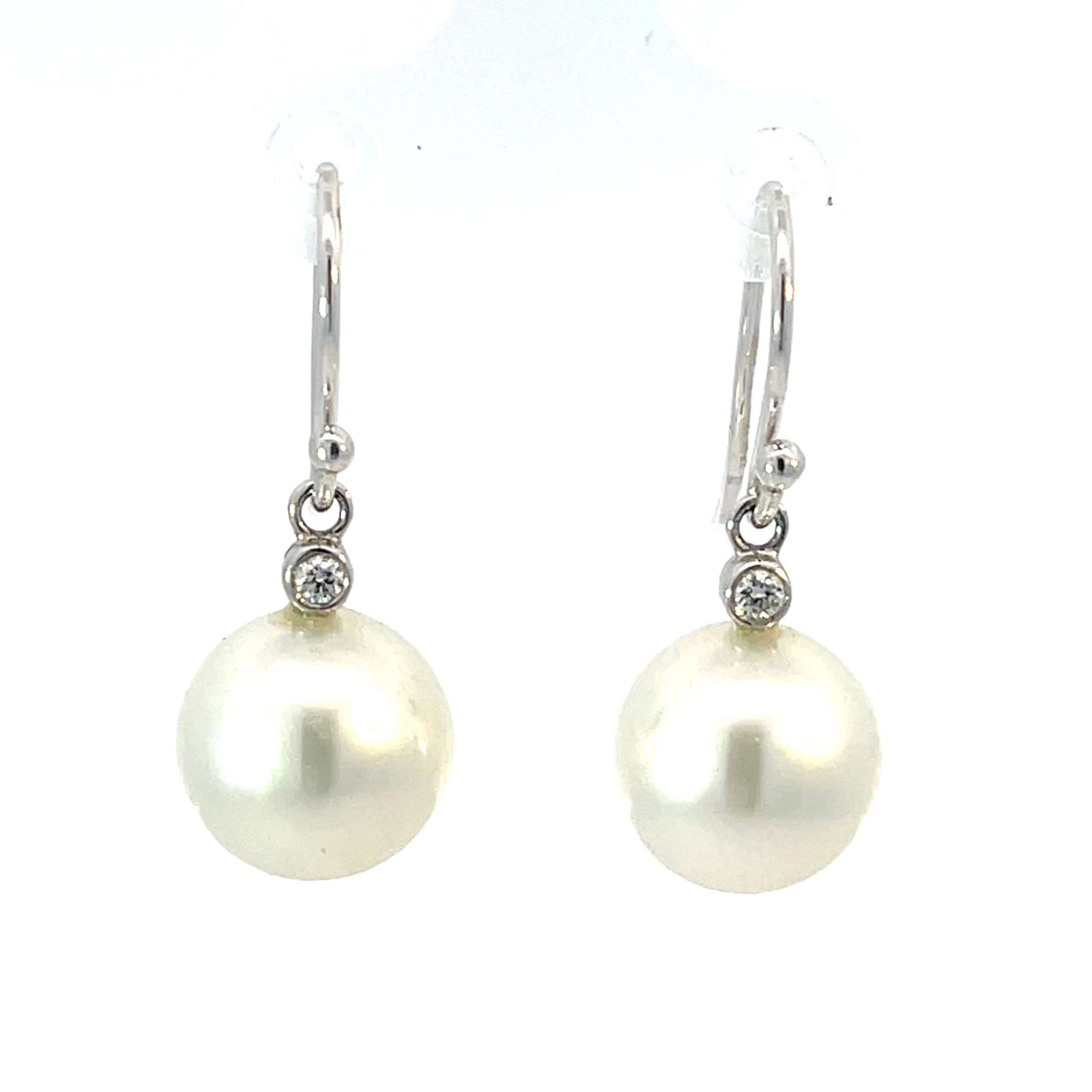 18K White Gold Hook Earrings with Cultured South Sea Pearls 10-11mm and 2 Round Diamonds TDW 0.06 Carat - Image 2