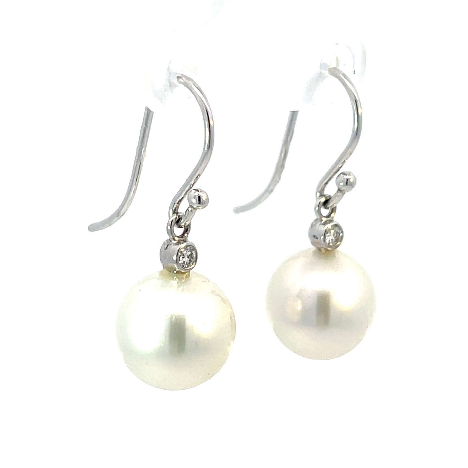 18K White Gold Hook Earrings with Cultured South Sea Pearls 10-11mm and 2 Round Diamonds TDW 0.06 Carat