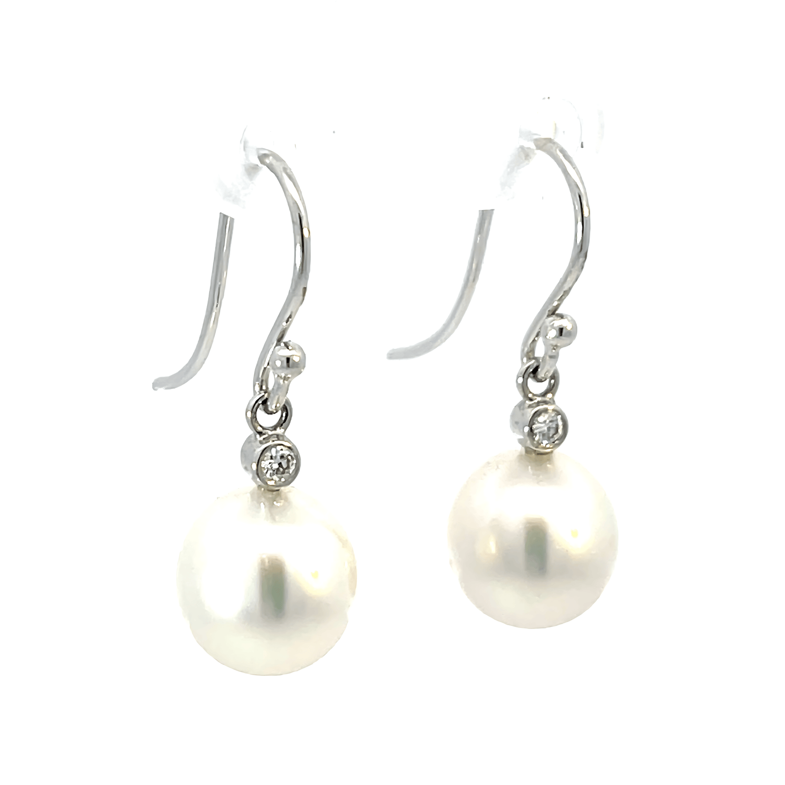 18K White Gold Hook Earrings with Cultured South Sea Pearls 9-10mm and 2 Round Diamonds TDW 0.06 Carat
