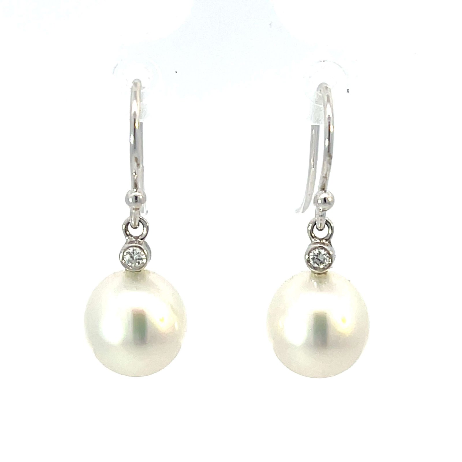 18K White Gold Hook Earrings with Cultured South Sea Pearls 9-10mm and 2 Round Diamonds TDW 0.06 Carat - Image 2