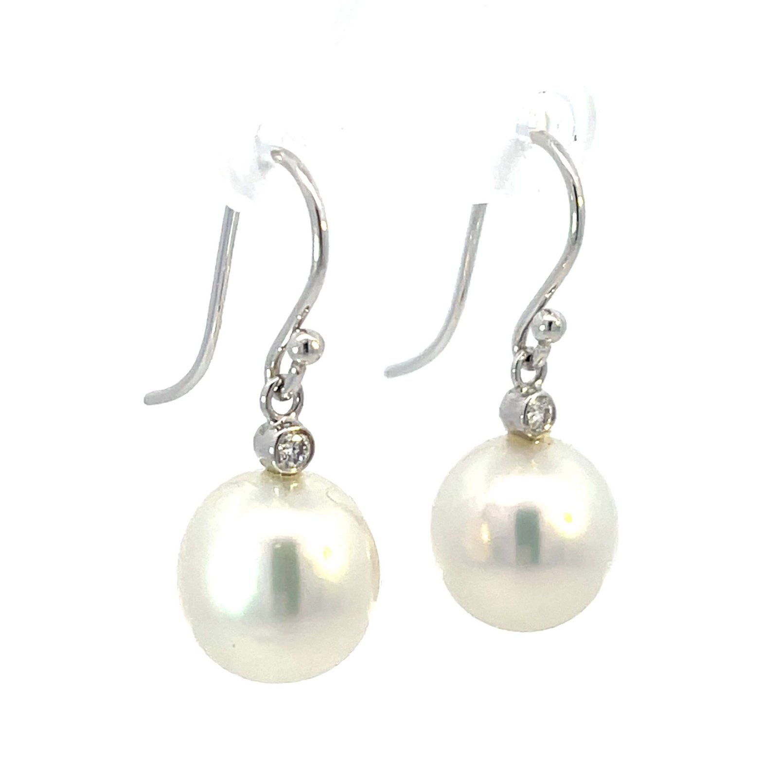 18K White Gold Hook Earrings with Cultured South Sea Pearls 10-11mm and 2 Round Diamonds TDW 0.06 Carat