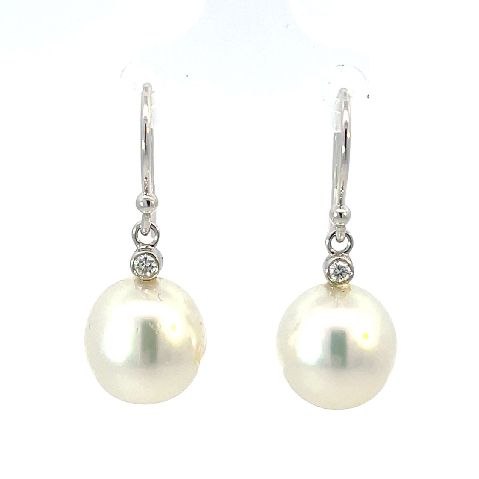 18K White Gold Hook Earrings with Cultured South Sea Pearls 10-11mm and 2 Round Diamonds TDW 0.06 Carat - Image 2