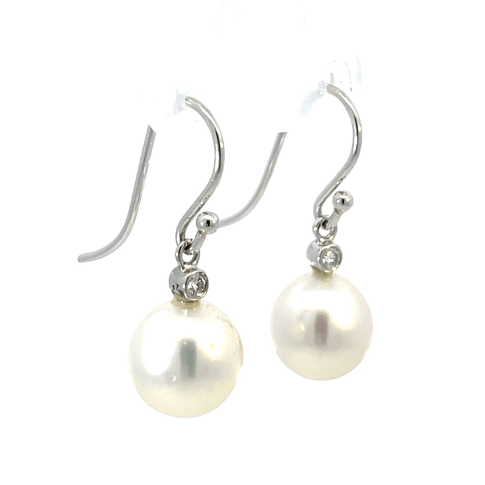 18K White Gold Hook Earrings with Cultured South Sea 9-10mm and 2 Round Diamonds TDW 0.06 Carat