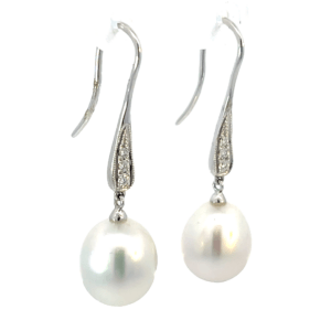 18K White Gold Hook Earrings with Cultured South Sea Pearls 9-10mm and 6 Round Diamonds 0.09 Carat