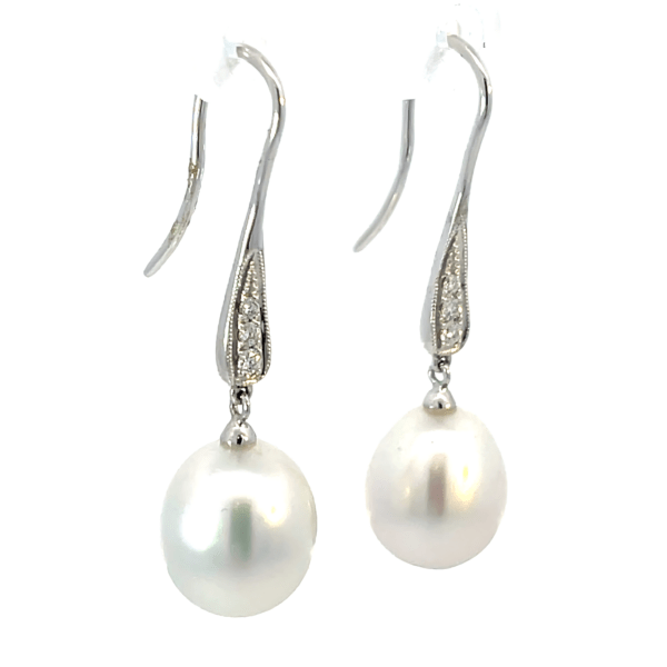 18K White Gold Hook Earrings with Cultured South Sea Pearls 9-10mm and 6 Round Diamonds 0.09 Carat