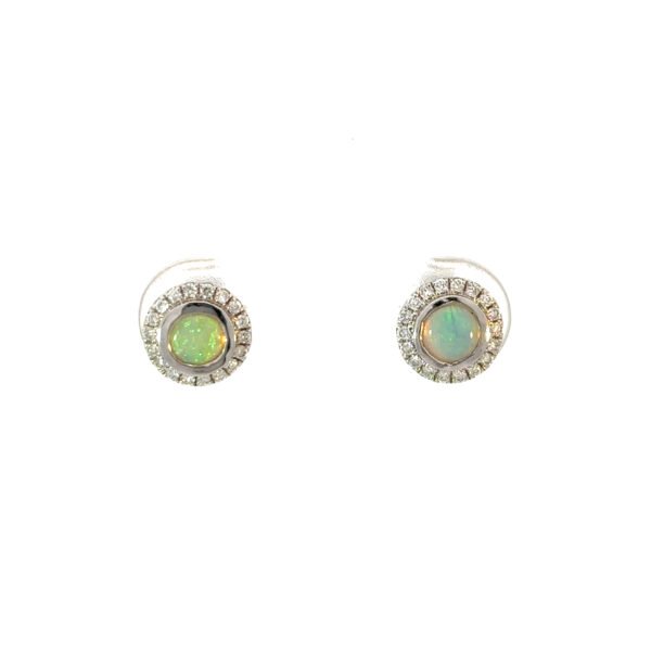 9K White Gold Stud Earrings with 2 Solid Opals TCW 0.316 Carat and 36 Round Diamonds TDW 0.126 Carat