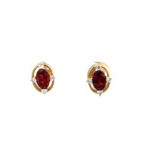 9K Yellow Gold Earrings with 2 Oval Garnets TCW 1.08 Carat and 8 Round Diamonds TDW 0.12 carat