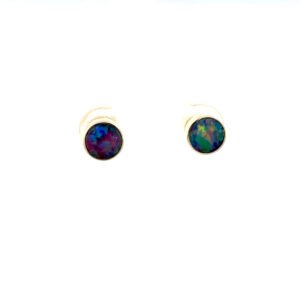 9K Yellow Gold Stud Earrings with Round Australian Doublet Opal