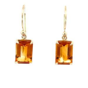 9K Yellow Gold Drop Earrings with 2 Emerald cut Natural Citrines