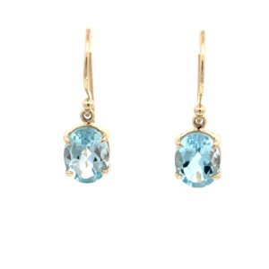 9K Yellow Gold Drop Earrings with 2 Oval Sky Blue Topaz