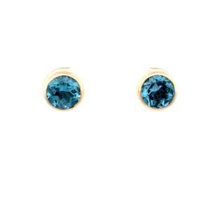 9K Yellow Gold Stud Earrings with 2 Round Sky Blue Topaz