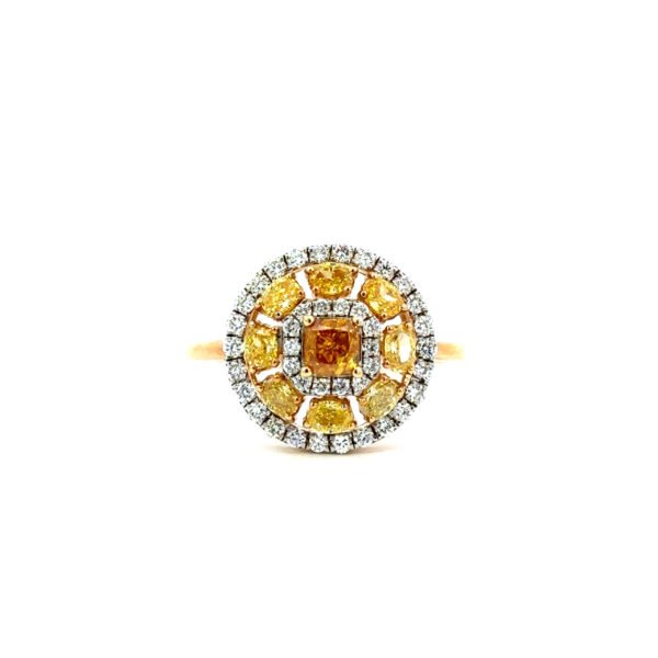 18K Yellow Gold Ring with Chocolate Diamond 0.30ct, 8 Yellow Diamonds TDW 1.02ct and 40 Round Diamonds TDW 0.40ct