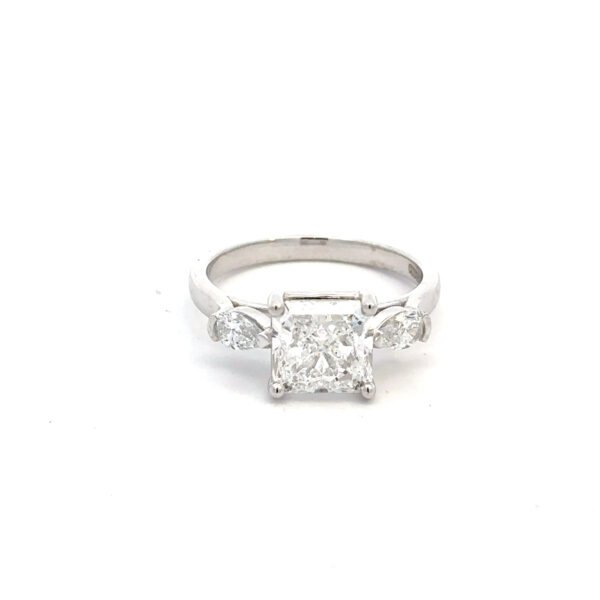 Platinum Ring with Lab Grown Cushion cut Diamond 2.54ct and 2 Pear cut Diamonds TDW 0.35 Carat