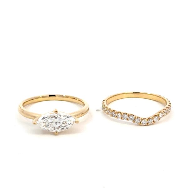 18K Yellow Gold Pair Rings with Lab Grown Marquise cut Diamond 1.20ct and 22 Round Diamonds TDW 0.47ct