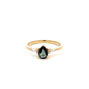 18K Yellow Gold Ring with Pear cut Blue Sapphire 0.70 Carat and 6 Diamonds TDW 0.09 Carat