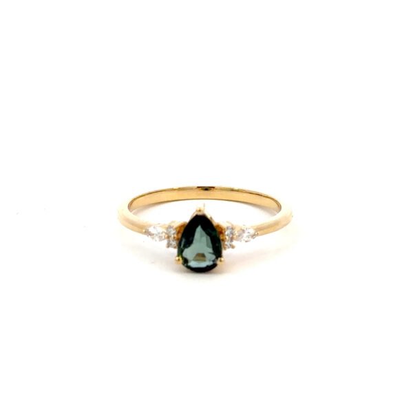 18K Yellow Gold Ring with Pear cut Blue Sapphire 0.70 Carat and 6 Diamonds TDW 0.09 Carat