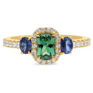 18K Yellow Gold Ring with 3 Multi-coloured Sapphires TDW 1.43ct and 32 White Round Diamonds TDW 0.34ct