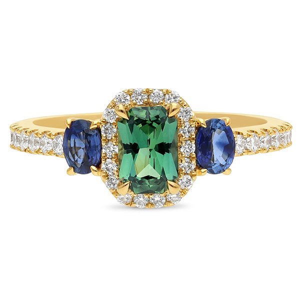 18K Yellow Gold Ring with 3 Multi-coloured Sapphires TDW 1.43ct and 32 White Round Diamonds TDW 0.34ct