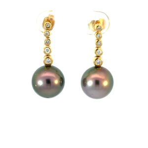 18K Yellow Gold Stud Earrings with Black Tahitian Pearls 11mm-12mm and 10 Round Diamonds TDW 0.10 Carat