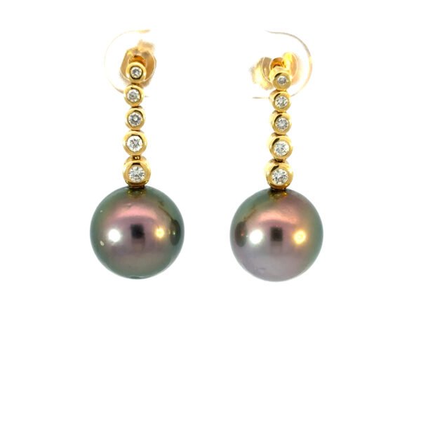 18K Yellow Gold Stud Earrings with Black Tahitian Pearls 11mm-12mm and 10 Round Diamonds TDW 0.10 Carat