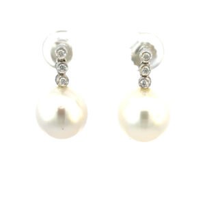 18K White Gold Drop Earrings with South Sea Pearls 10mm-11mm and 6 Round Diamonds 0.09 Carat