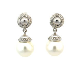 18K White Gold Drop Earrings with South Sea Pearls 9mm-10mm and 62 Round Diamonds TDW 0.29 Carat