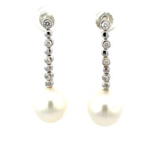 18K White Gold Stud Earrings with South Sea Pearls 10mm-11mm and 8 Round Diamonds TDW 0.17 Carat