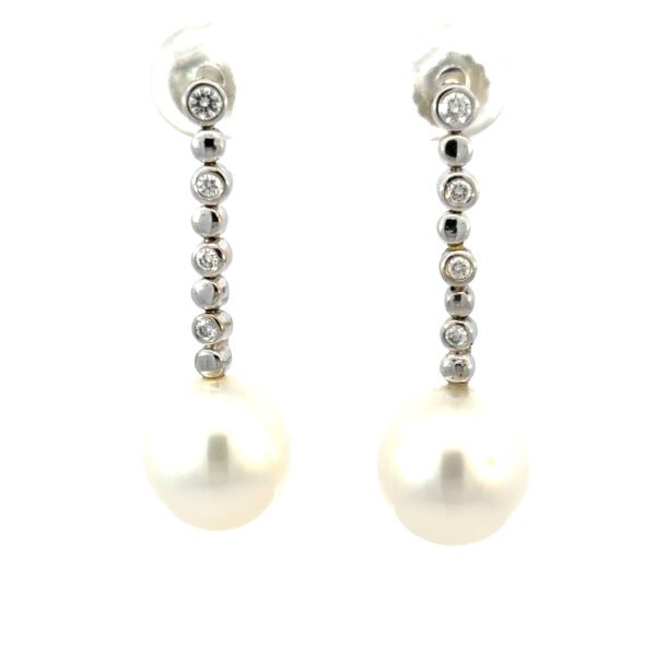 18K White Gold Stud Earrings with South Sea Pearls 10mm-11mm and 8 Round Diamonds TDW 0.17 Carat
