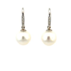 18K White Gold Drop Earrings with South Sea Pearls 10mm-11mm and 6 Round Diamonds TDW 0.06 Carat