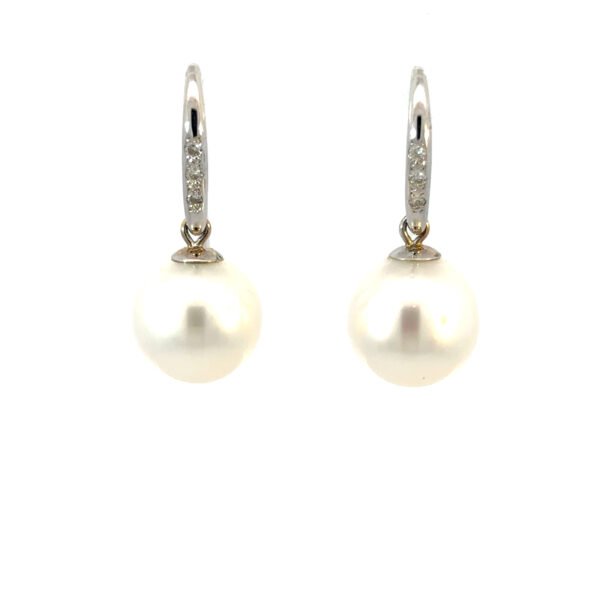 18K White Gold Drop Earrings with South Sea Pearls 10mm-11mm and 6 Round Diamonds TDW 0.06 Carat