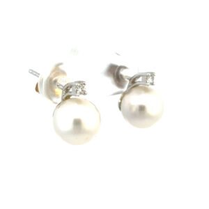 18K White Gold Stud Earrings with South Sea Pearls 8mm-9mm and 2 Round Diamonds TDW 0.08 Carat