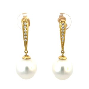 18K Yellow Gold Drop Earrings with South Sea Pearls 10mm-11mm and 12 Round Diamonds TDW 0.12 Carat